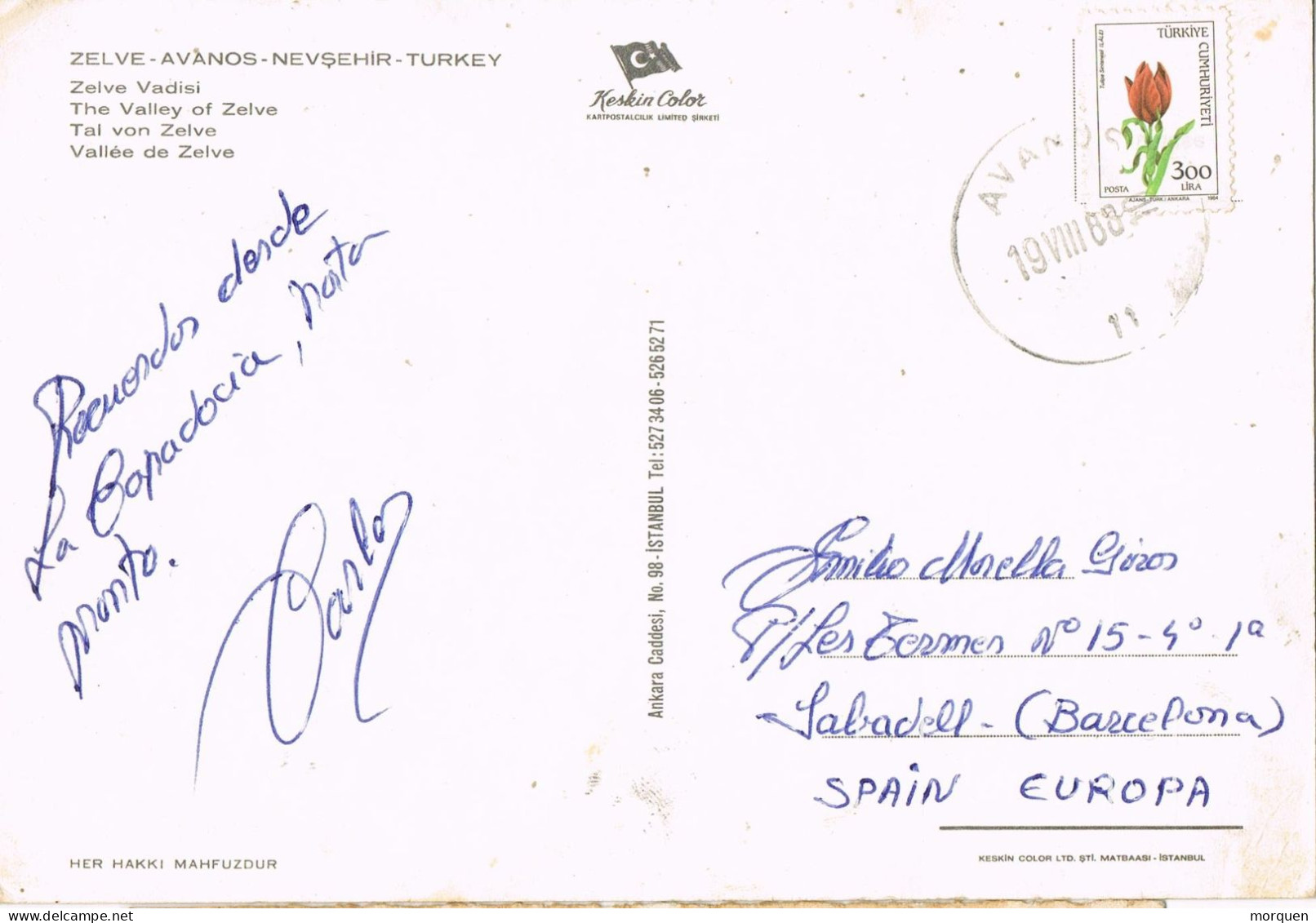 50621. Postal Aerea AVANOS (turquia) 1988. Ruinas VALLE De ZELVE, Casas Trogloditas Capadocia - Covers & Documents