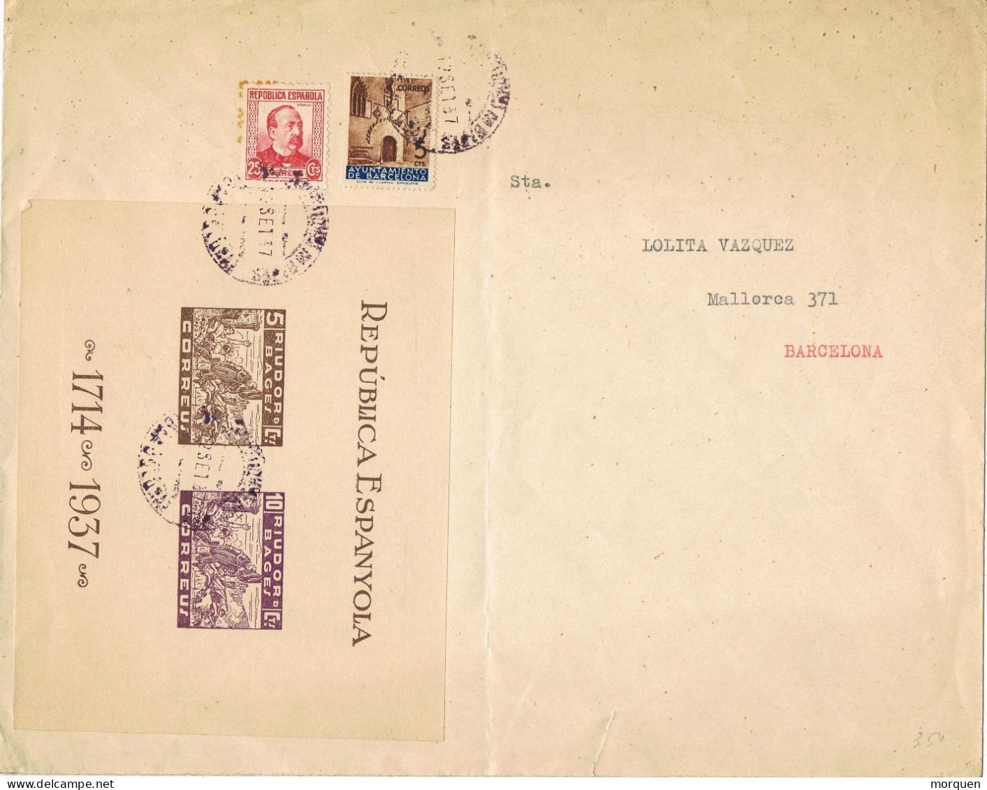 50624. Carta SAN FRUCTUOSO Del BAGES (Barcelona) 1937. Republica. Hojita RIUDOR Del BAGES, Recargo Exposicion - Covers & Documents