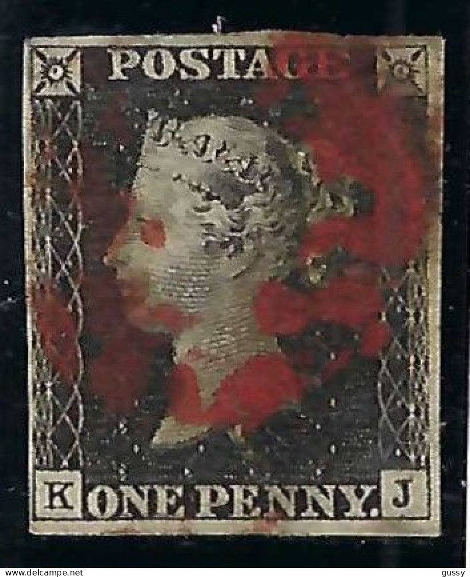 GRANDE BRETAGNE Ca.1840: Le "Penny Black" Y&T 1 Pl. 10 Lettres KJ Obl. Croix De Malte Rouge, Forte Cote - Gebraucht