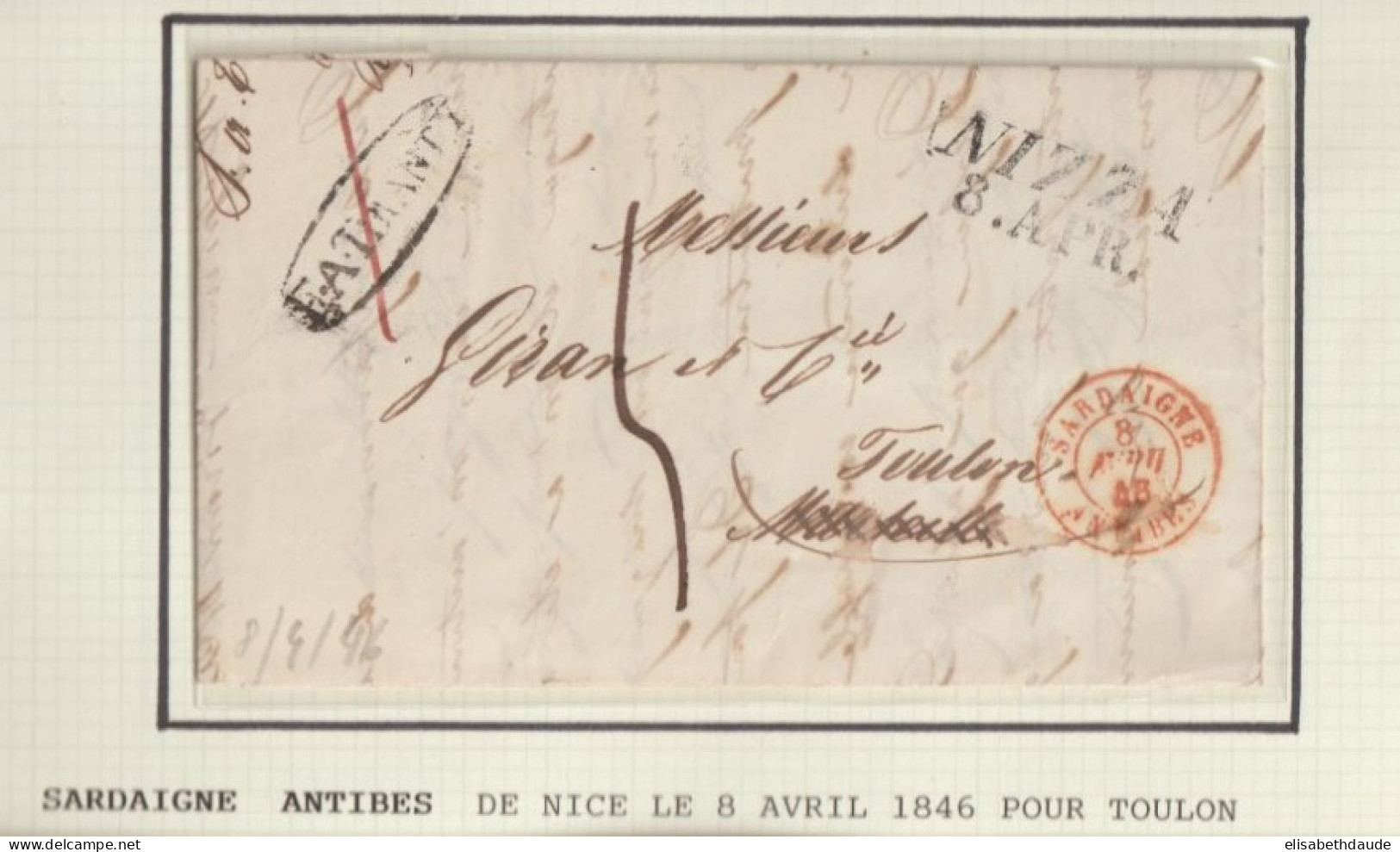 1846 - LETTRE De NICE Avec MARQUE ENTREE SARDAIGNE Par ANTIBES => TOULON - Marques D'entrées