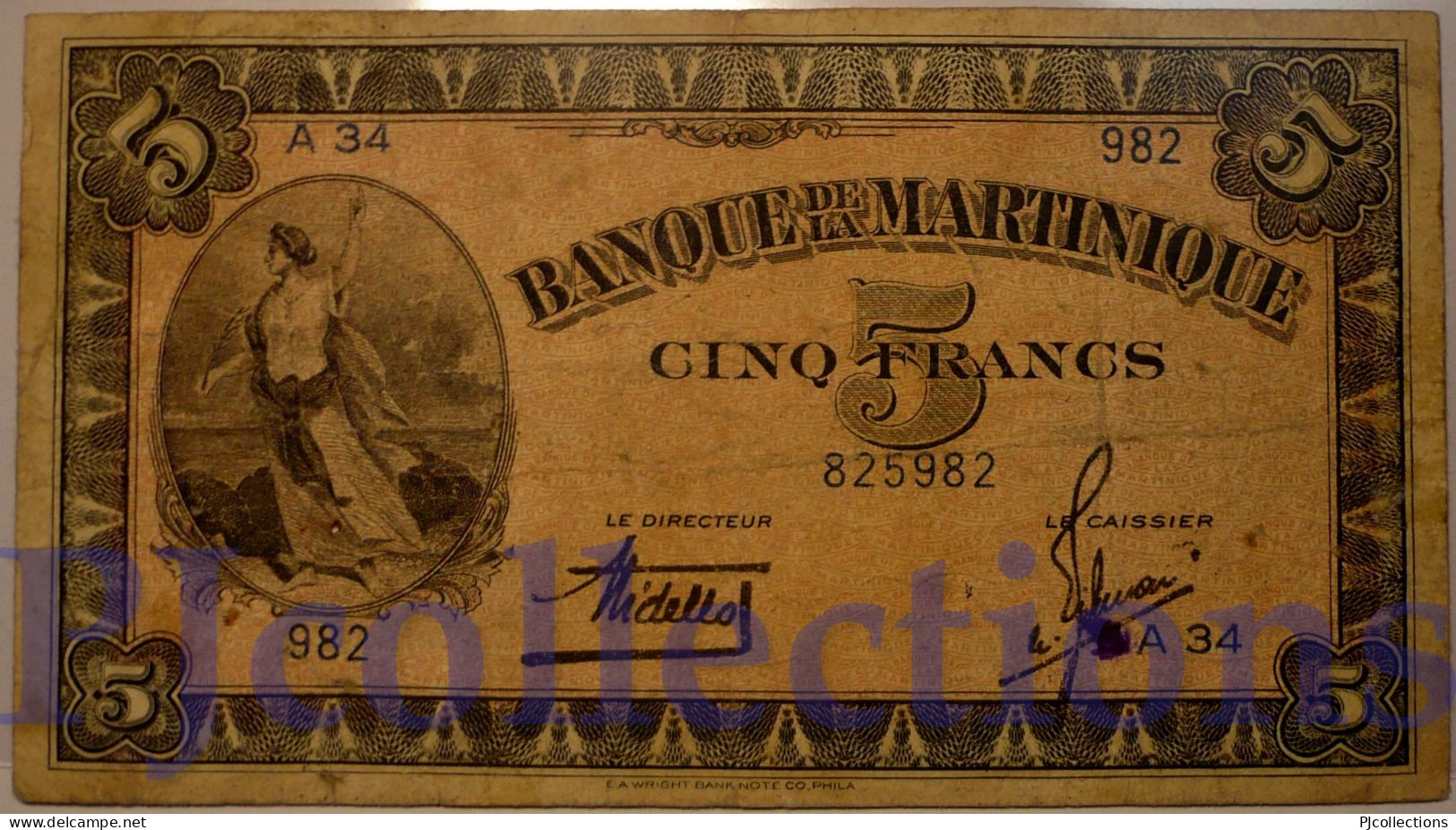 MARTINIQUE 5 FRANCS 1942 PICK 16b FINE+ W/PINHOLES - Otros – América