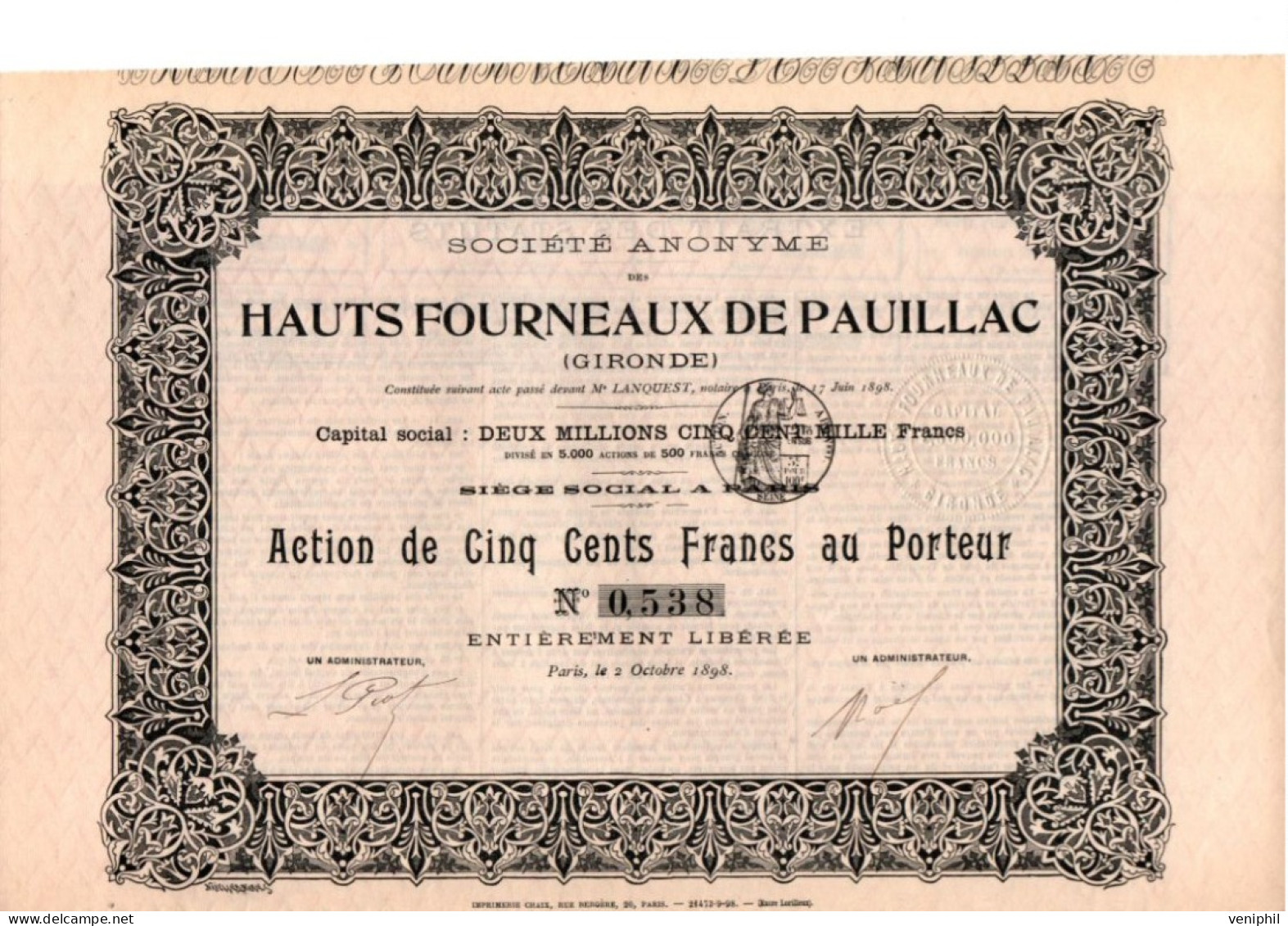 HAUTS FOURNEAUX DE PAUILLAC -GIRONDE - ACTION DE CINQ CENTS FRANCS - ANNEE 1898 - Industrie