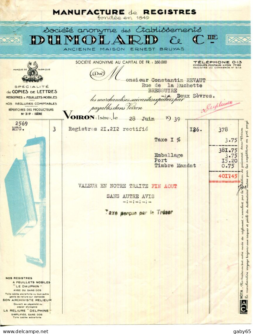 FACTURE.38.VOIRON.MANUFACTURE DE REGISTRES.DUMOLARD & CIE. - Imprenta & Papelería