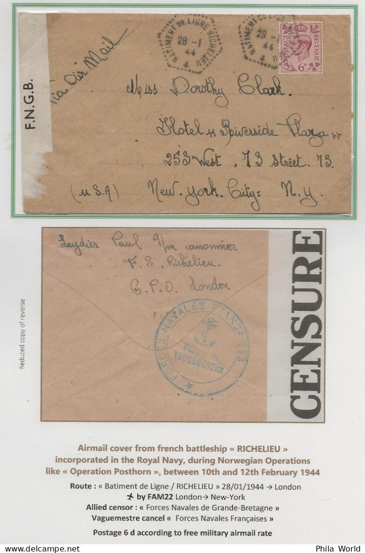 WW2 FRANCE Forces Navales Vaguemestre Bâtiment Ligne RICHELIEU 1944 USA New-York Via LONDON FNGB Censure Avion Air Mail - Lettres & Documents