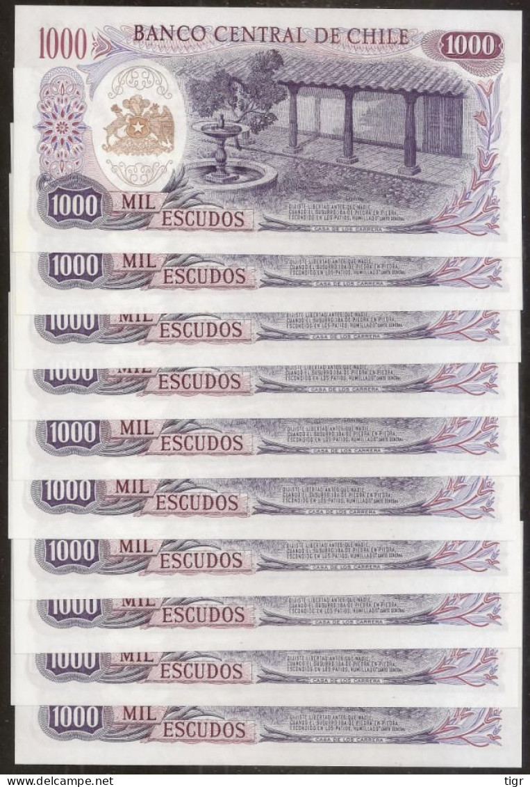 CHILE. 10 Consecutive 1000 Escudos (1967-76). Pick 146. UNC. - Chili