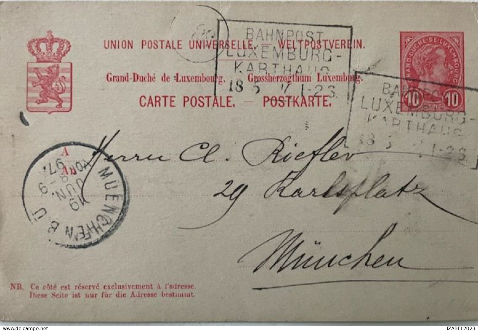 CP Luxembourg 1897. Dbl Marque BAHNPOST LUXEMBURG KARTHAUS. V.munchen - 1895 Adolphe Rechterzijde