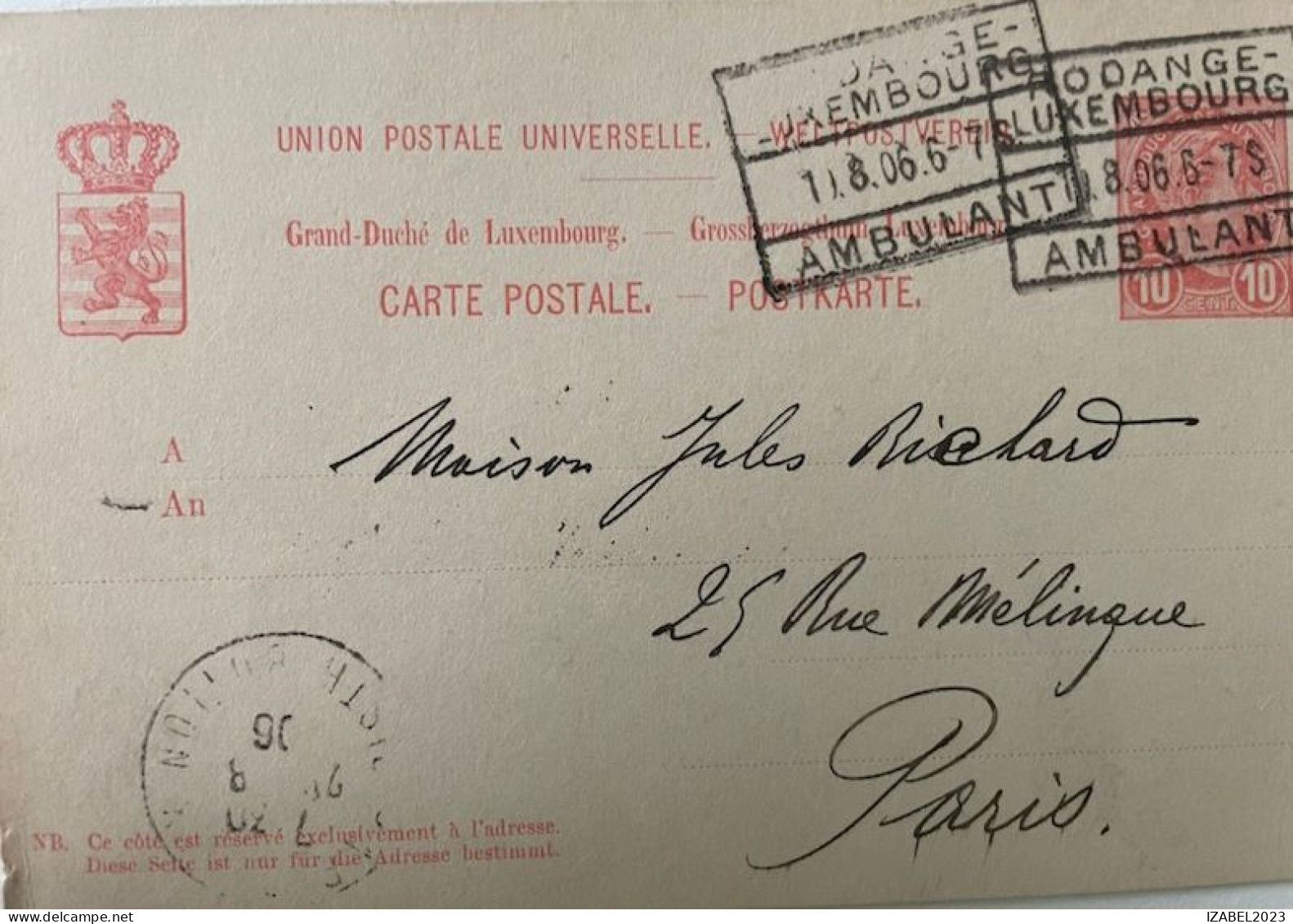 CP Luxembourg 1906. AMBULANT Dbl Marque Rooange. V.Paris - 1895 Adolfo Di Profilo