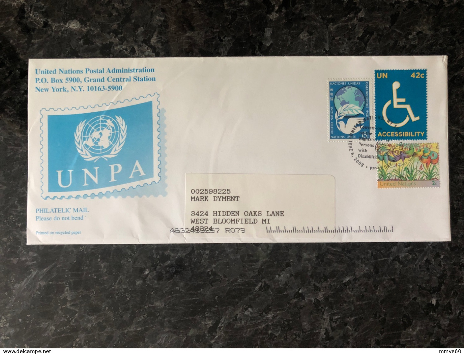 UN UNO  UNITED NATIONS TRAVELLED COVER 2008 YEAR STAMPS DISABLED MEDICINE HEALTH - Covers & Documents