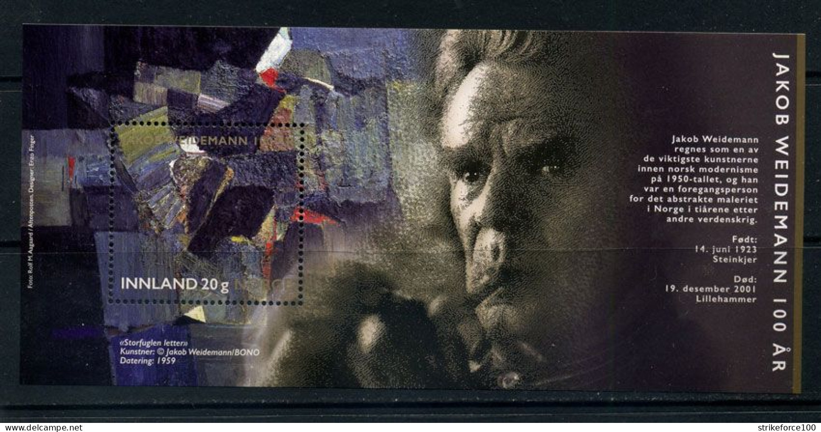 Norway 2023 - June 23 New Issue - Jacob Weidemann Centenary UNMOUNTED MINT  20 Gram Miniature Sheet. - Nuovi