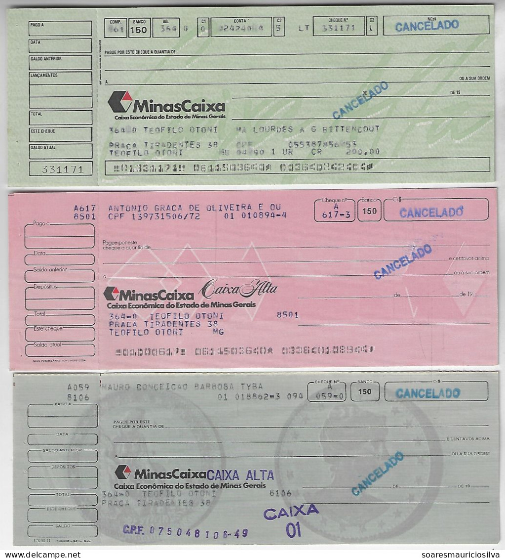 Brazil 3 Different Check Savings Bank Of The State Of Minas Gerais Minas Caixa Econômica Value In NCr$ And Cr$ With Stub - Chèques & Chèques De Voyage
