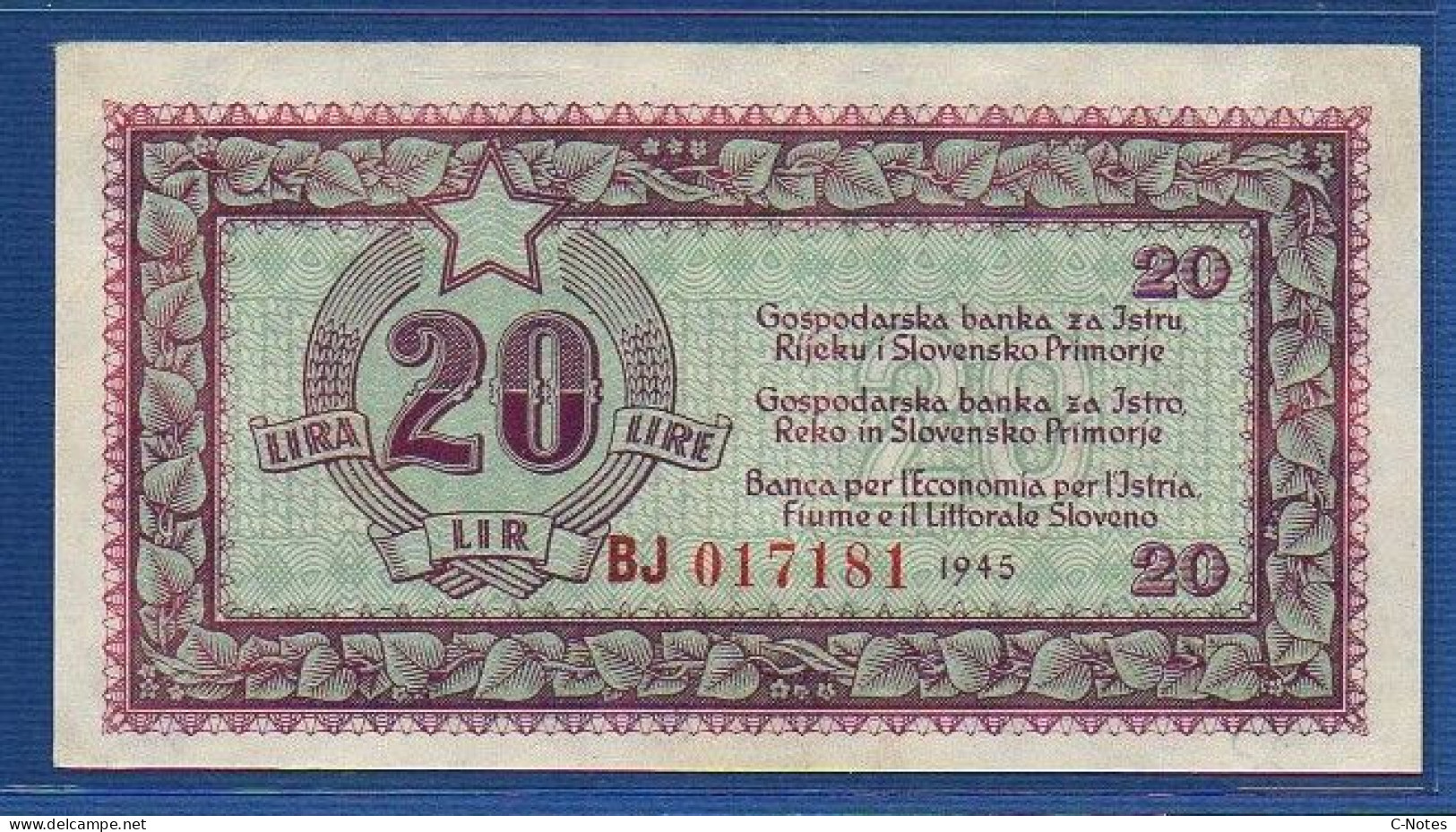 YUGOSLAVIA - P.R4a – Istria, Fiume & Slovenian Coast -  20 Lira / Lire / Lir 1921 XF/AU, S/n BJ017181 - Yougoslavie