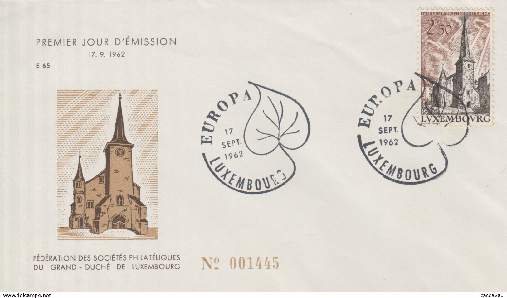Enveloppe   FDC   1er   Jour    LUXEMBOURG    Eglise   SAINT - LAURENT   DIEKIRCH   Oblitération    EUROPA    1962 - 1962