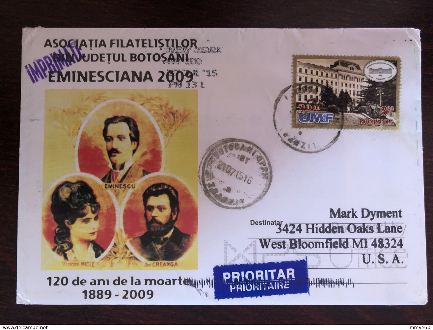 ROMANIA TRAVELLED COVER 2015 YEAR STAMPS  MEDICAL SCHOOL MEDICINE HEALTH - Cartas & Documentos