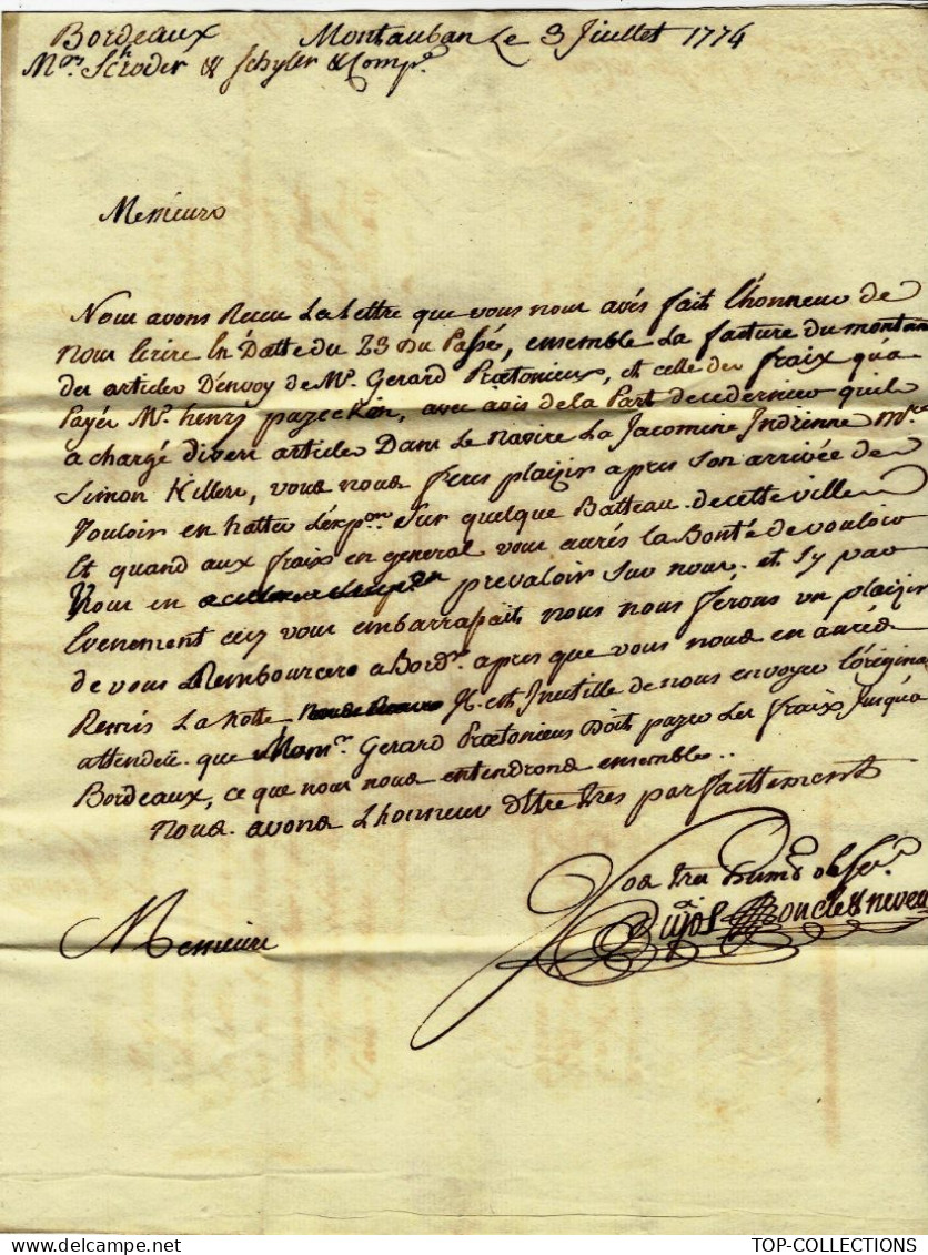 1774  LAC MARQUE POSTALE « MONTAUBAN »  NAVIGATION CHARGEMENT NAVIRE La Jacomine Pour Schroder  & Schyler Vins Bordeaux - 1701-1800: Précurseurs XVIII