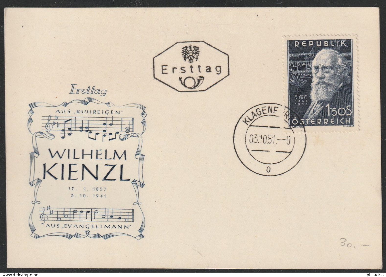 Austria, 1951, Wilhelm Kienzl,  Commemorative Card With First Day Cancelletion - Musique