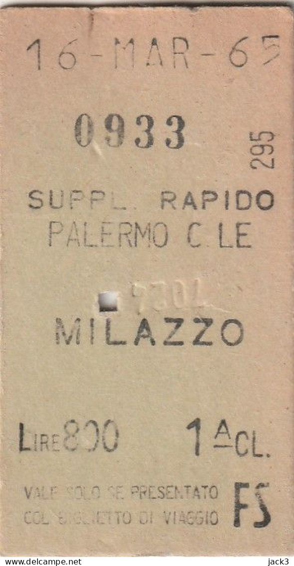 BIGLIETTO FERROVIARIO - PALERMO CENTRALE - MILAZZO - Europa