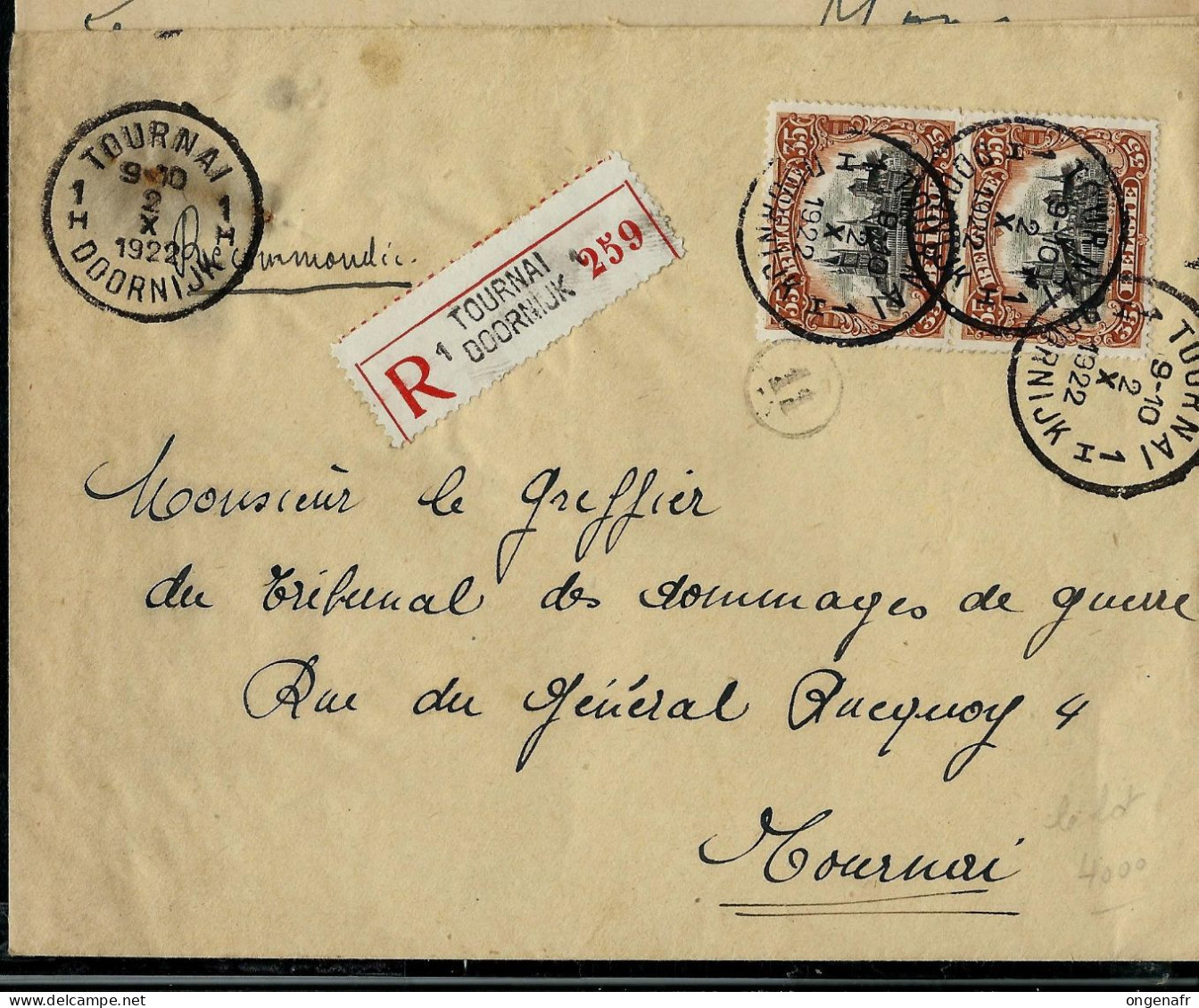 Env (Ent.)  Avec  Paire N° 142 Obl. TOURNAI - 1 H - DOORNIJK  02/10/1922 En Rec. - Correo Rural