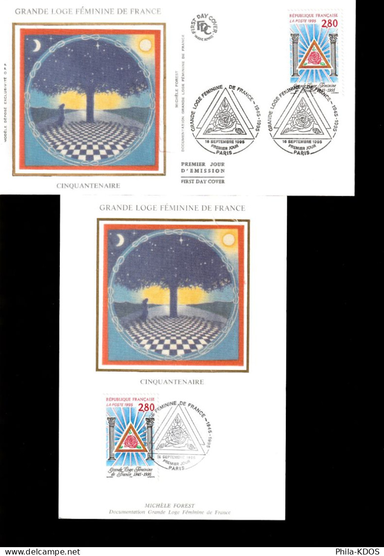 " 50 ANS DE LA GRANDE LOGE FEMININE DE FRANCE " Sur Enveloppe 1er Jour Et Carte Maximum / Soie De 1995 N°YT 2967 FDC CM - Vrijmetselarij