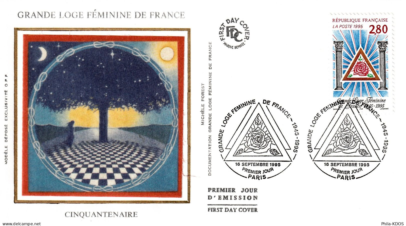 " 50 ANS DE LA GRANDE LOGE FEMININE DE FRANCE " Sur Enveloppe 1er Jour Et Carte Maximum / Soie De 1995 N°YT 2967 FDC CM - Vrijmetselarij