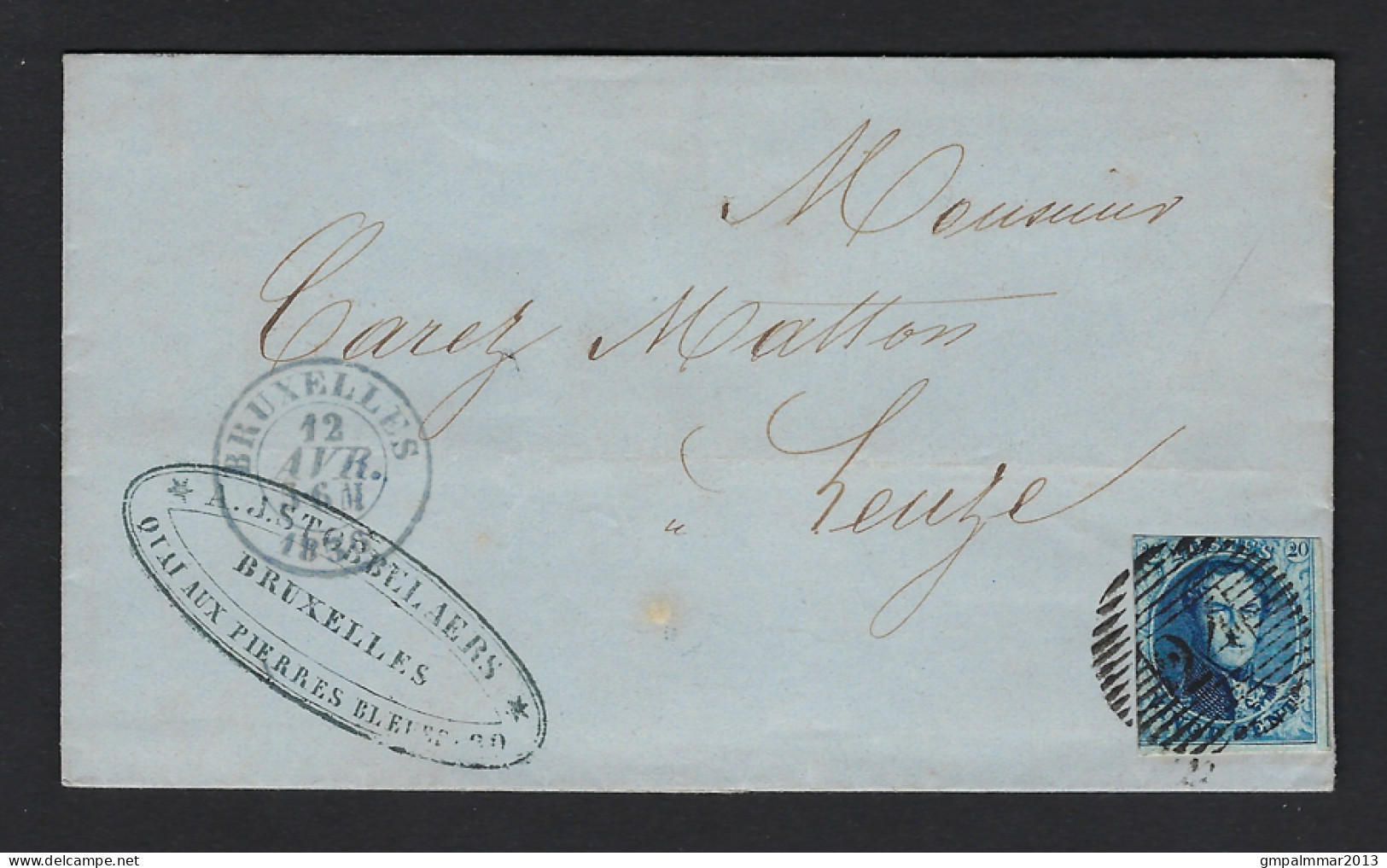 Medaillon 20 Cent Op Brief Verzonden Van BRUXELLES (P24) Naar LEUZE In 1856  ; Details & Staat Zie 2 Scans  ! LOT 267 - 1849-1865 Medaillons (Varia)