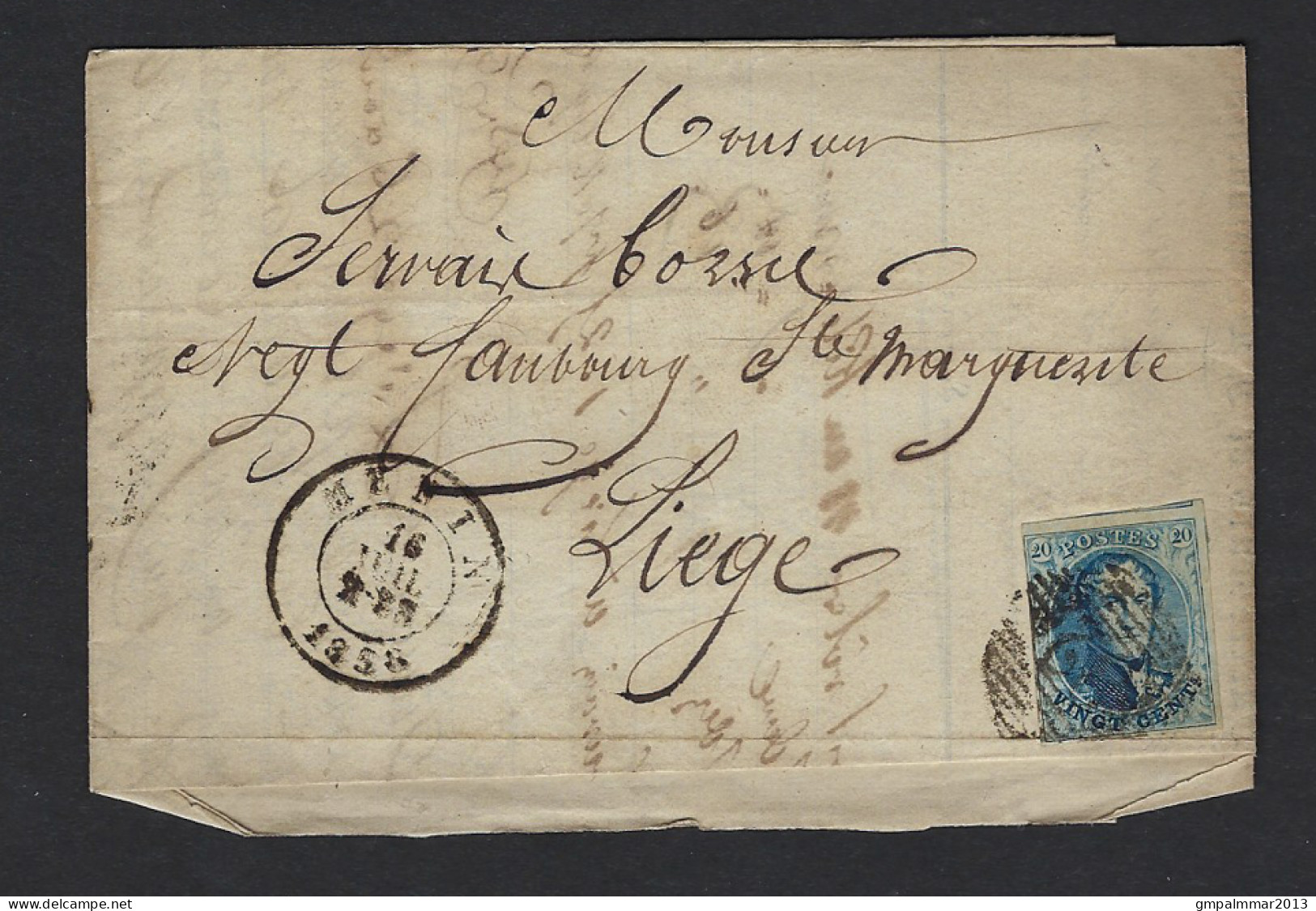 Médaillon 20 Cent  Sur Lettre MENIN Vers LIEGE Le 16/7/1856 ; état & Details Voir 2 Scans ! LOT 267 - 1849-1865 Medaillons (Varia)