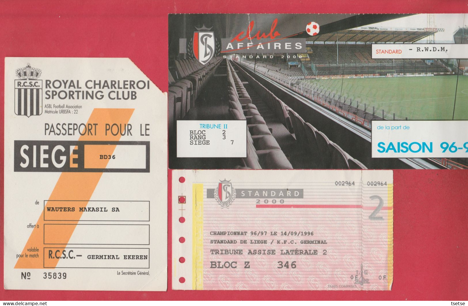 3 Tickets Football - Standard De Liège ( X2 ) Et Sporting De Charleroi - Altri & Non Classificati