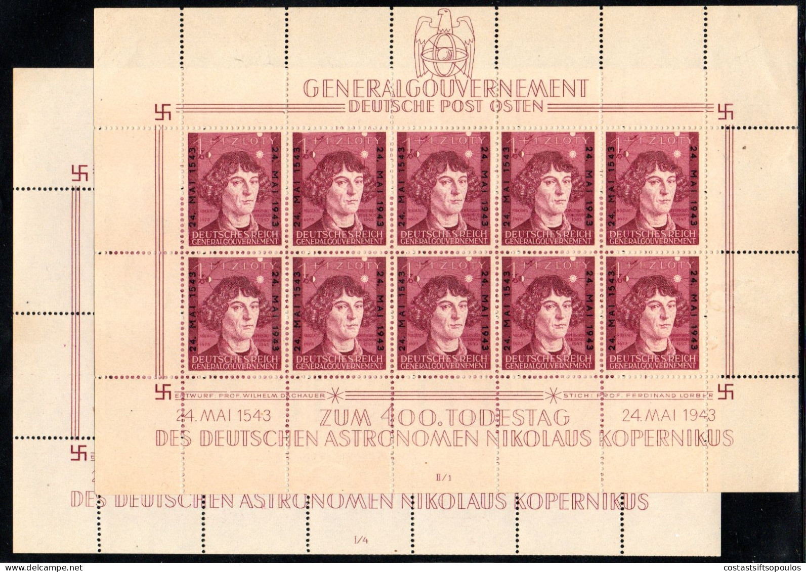 1542.1943 GENERALGOUVERNEMENT KOPERNIKUS SHEETLETS(2) I/4,II/1 MNH(**)VERY FINE AND FRESH,5 SCANS - General Government