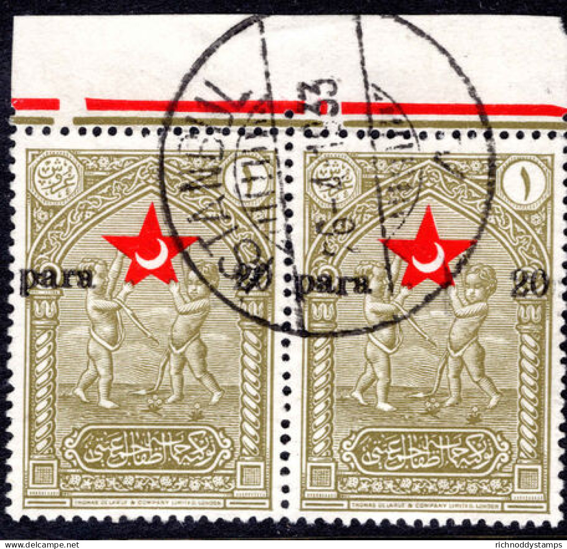Turkey 1932 20pa On 1g Olive Fine Used Pair With Misplaced Overprint. - Usati