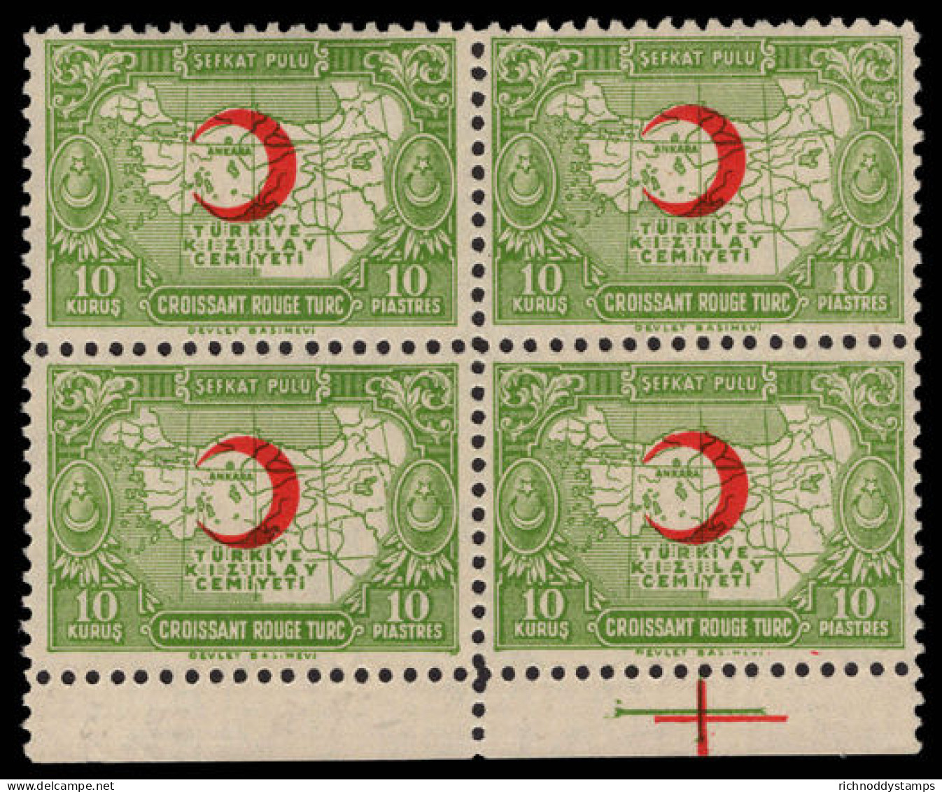 Turkey 1938-43 10k Red Cross Perf 10&#189; DEVLET Block Of 4 Unmounted Mint. - Ongebruikt