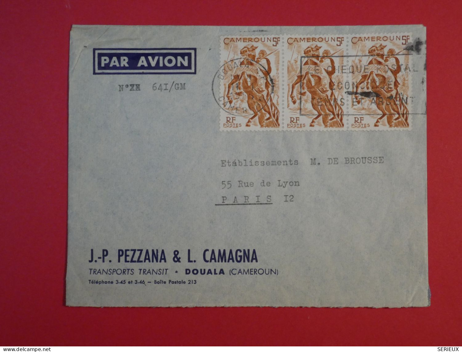 BU9  CAMEROUN  BELLE LETTRE 1955  DOUALA A PARIS FRANCE + BANDE DE 3 TP++AFF. INTERESSANT+++ - Covers & Documents