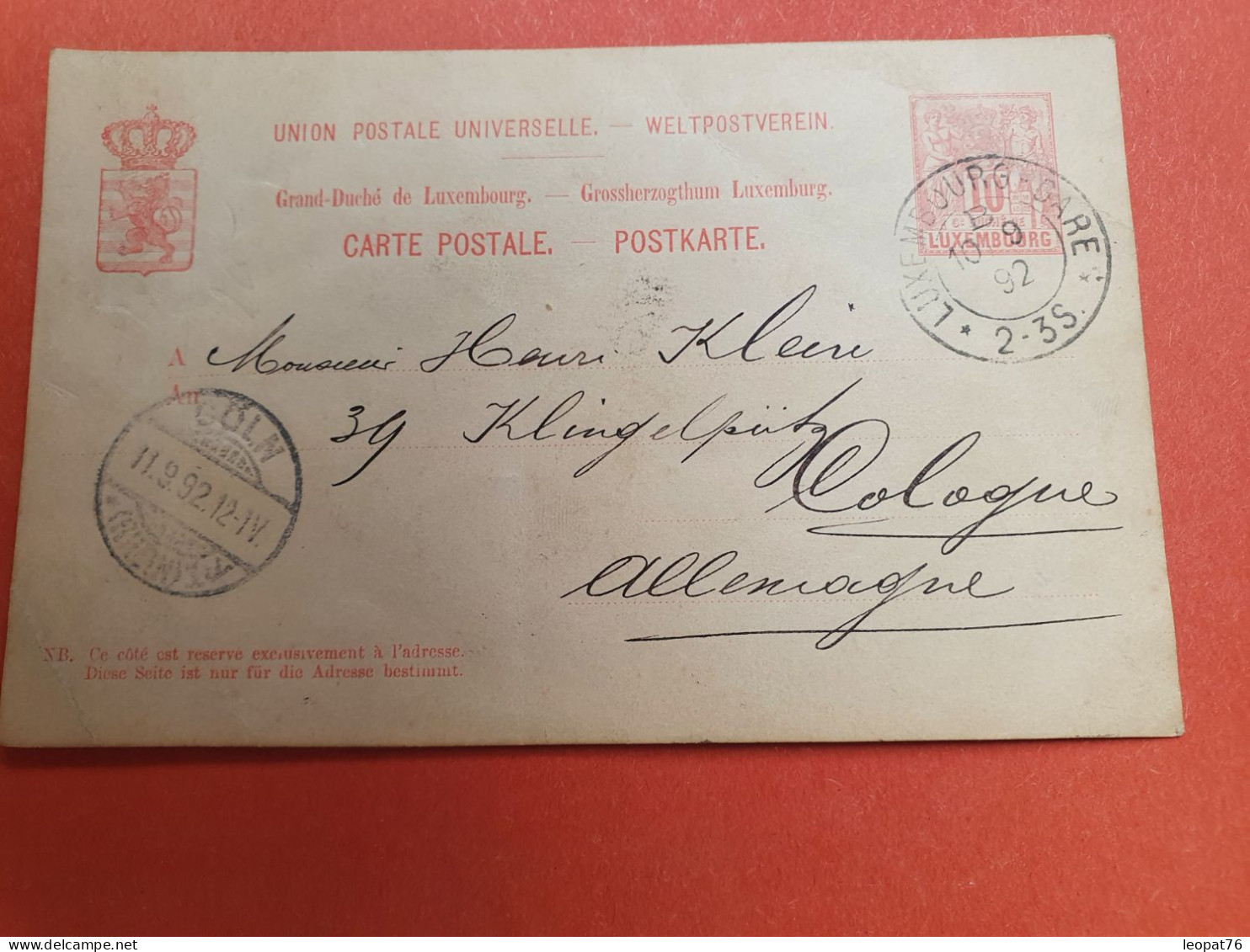 Luxembourg - Entier Postal De Luxembourg Pour Cöln En 1892 ( Petits Plis) - Réf J 260 - Ganzsachen