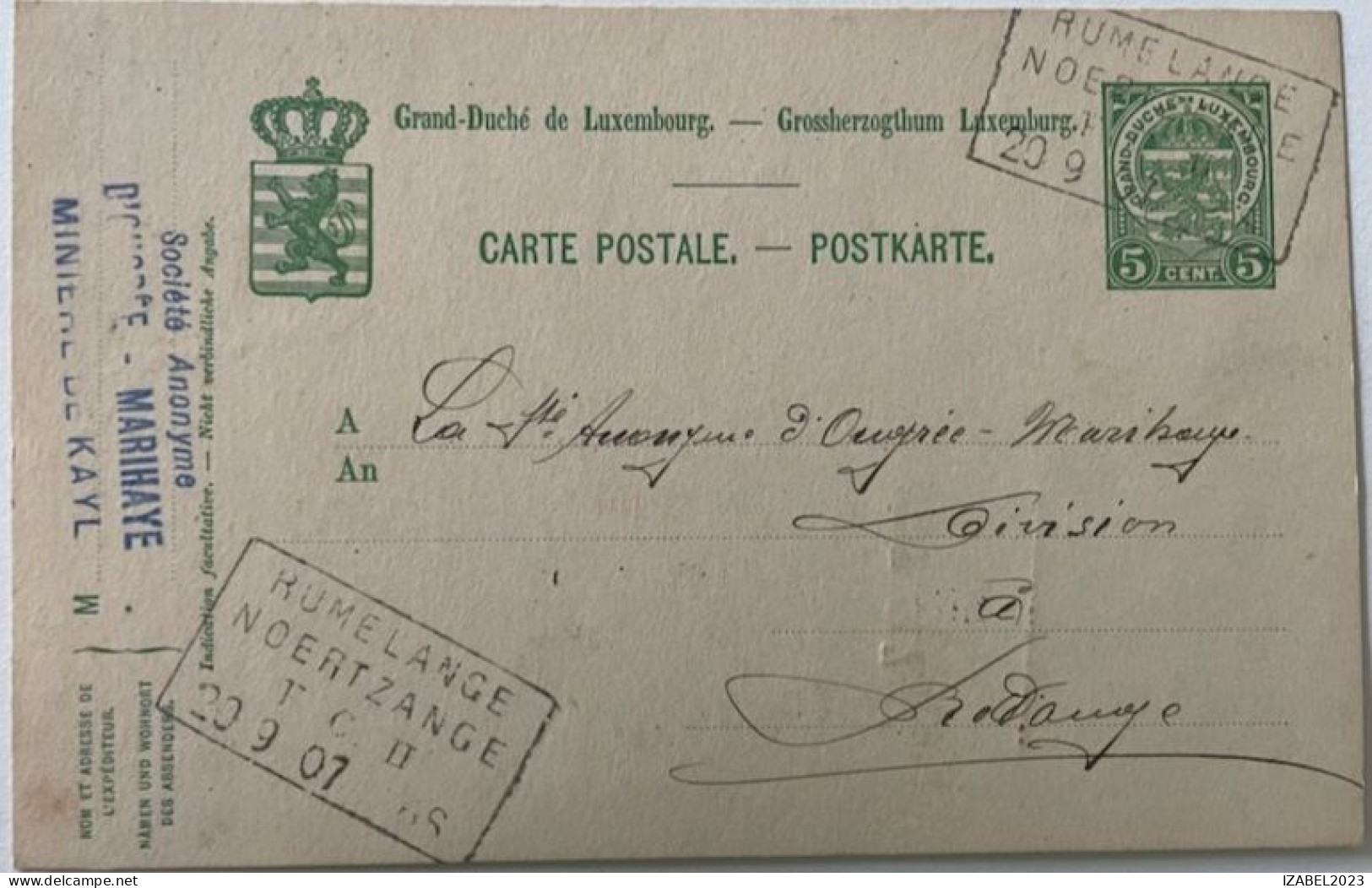 CP Luxembourg 1907.2 Marques RUMELANGE NOERTZANGE.SA D'Ougree MARIHE - 1907-24 Abzeichen