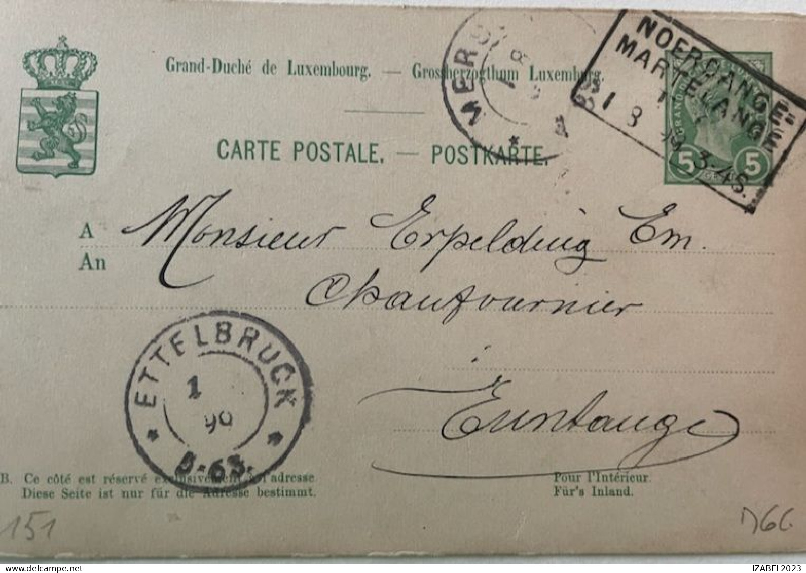 CP Luxembourg .Marque NOERDANGE MARTELANGE. 2 Cachets Ronds. - 1895 Adolphe Right-hand Side