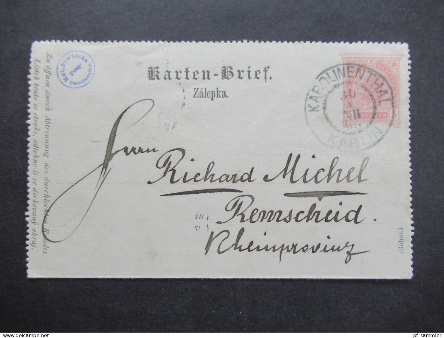 Österreich 1895 Karten Brief Stempel Karolinenthal Karlin Abs. Stp. Mat. Piwnicka Carolinenthal Nach Remscheid Mit Ank. - Autres & Non Classés