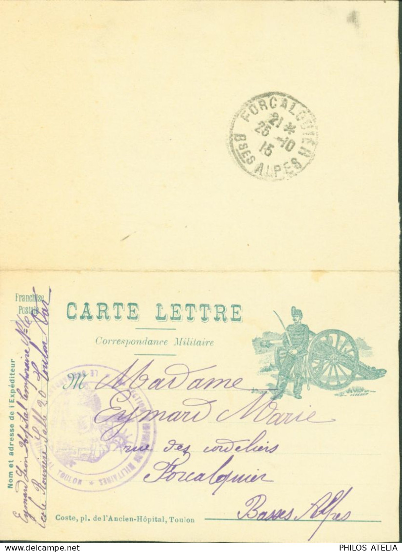 Guerre 14 Carte Lettre Locale Franchise Militaire FM Illustrée Soldat Canon Edit Coste Toulon Cachet Section Infirmiers - Guerra De 1914-18