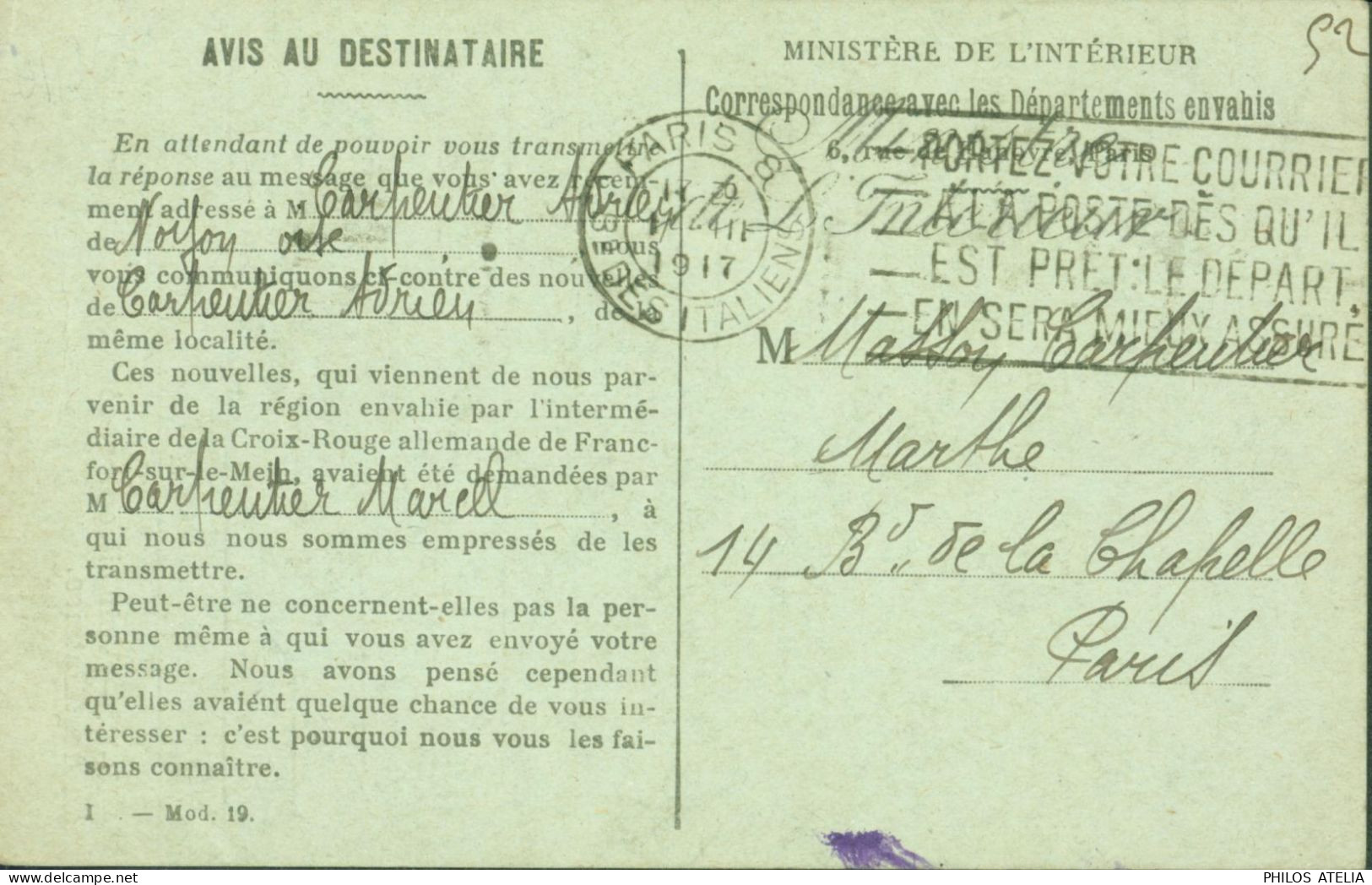 Guerre 14 CP FM Franchise Militaire Ministère De L'intérieur Correspondance Avec Les Départements Envahis CAD Paris 1917 - Oorlog 1914-18