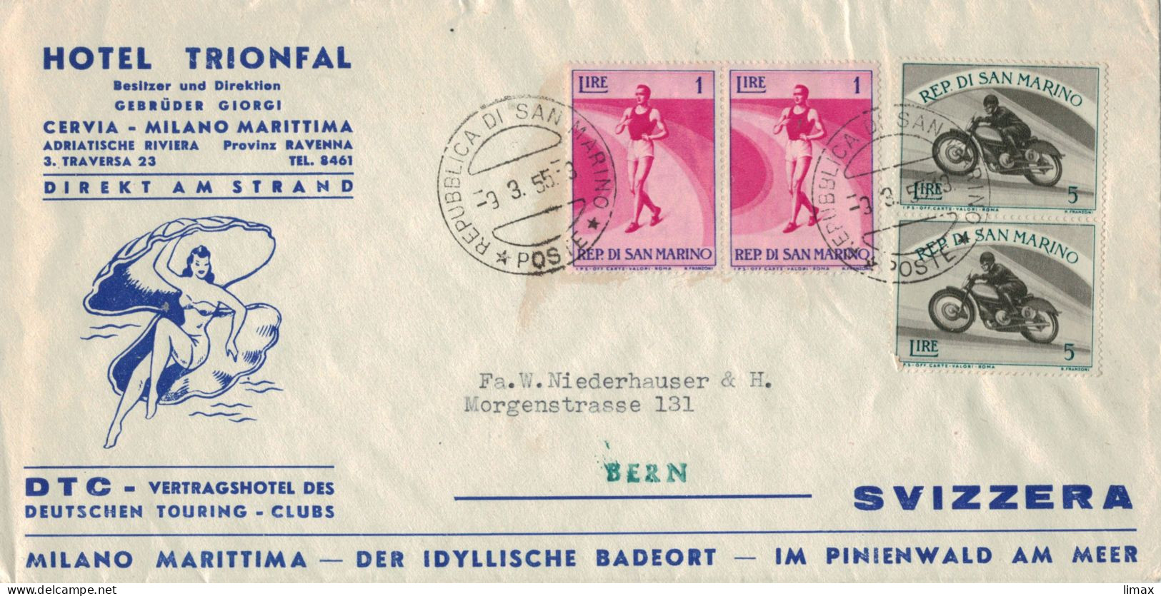 [C] RSM Hotel Trionfal 1955 > Bern - Sport Läufer - Motor-Sport Motorrad - Rennen - Illustriertes Kuvert - Briefe U. Dokumente