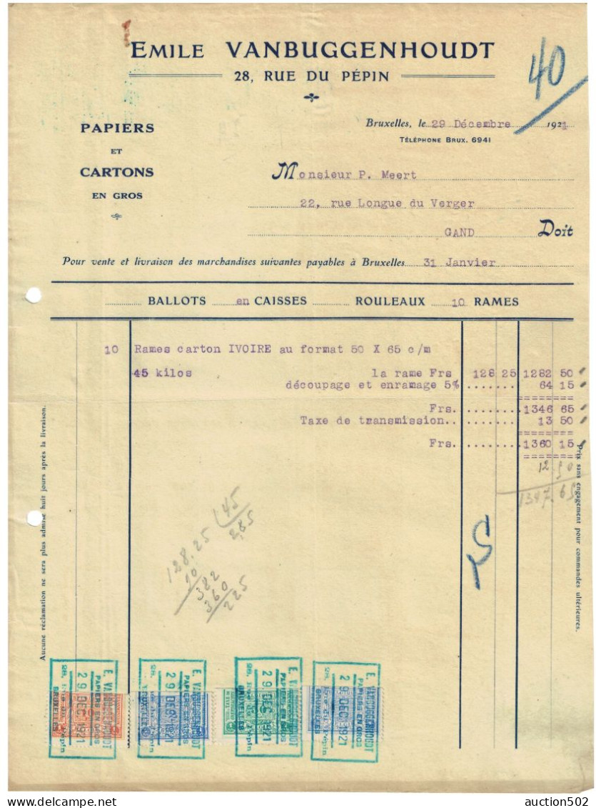 Facture 1921 Emile Vanbuggenhoudt Bruxelles Papiers Et Cartons + TP Fiscaux - Straßenhandel Und Kleingewerbe