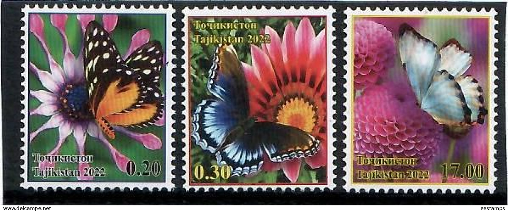 Tajikistan 2022 . Flowers, Butterflies. 3v. - Tayikistán