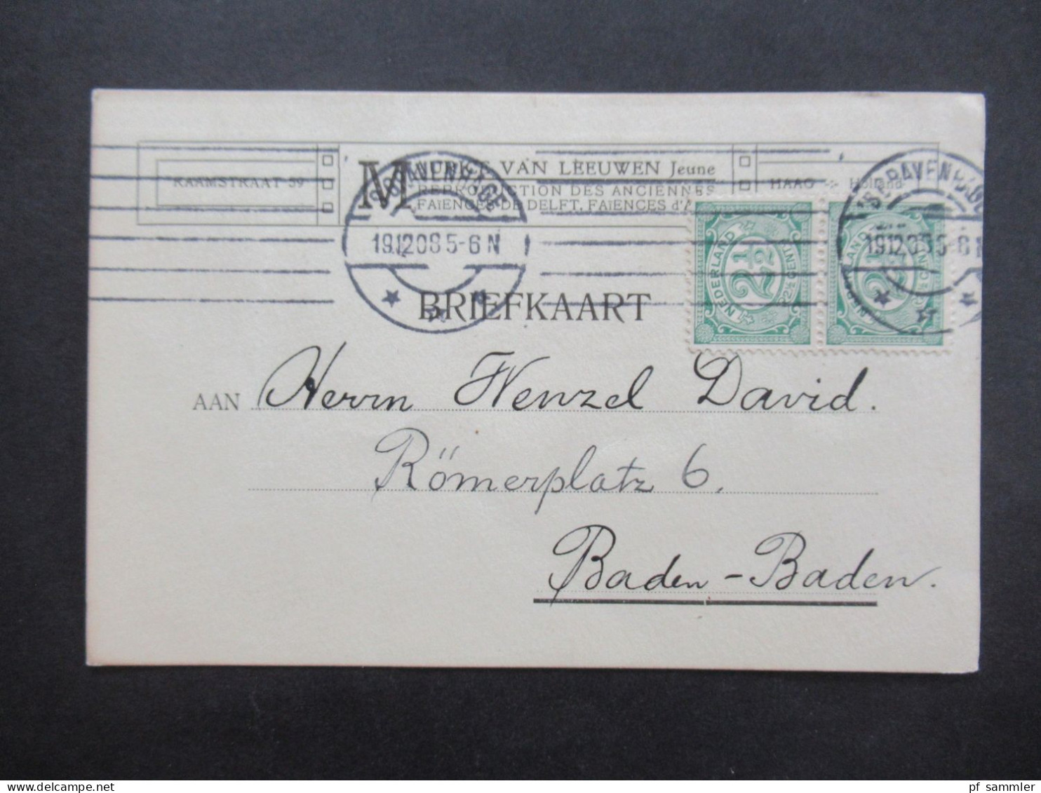Niederlande 1908 Firmen PK Maurice Van Leeuwen Jeune Haag / Stempel S'Gravenhage Nach Baden Baden Gesendet - Lettres & Documents