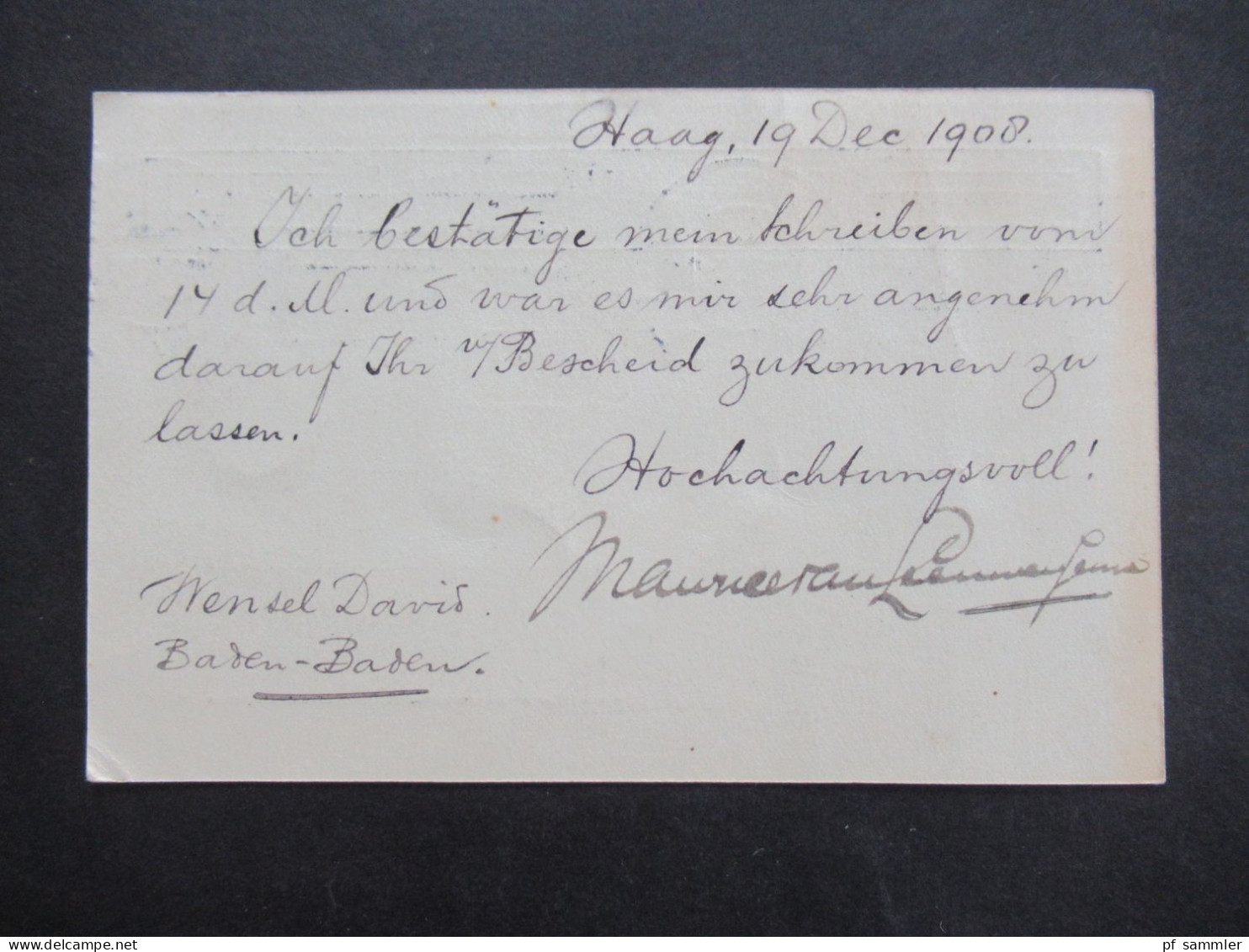 Niederlande 1908 Firmen PK Maurice Van Leeuwen Jeune Haag / Stempel S'Gravenhage Nach Baden Baden Gesendet - Brieven En Documenten