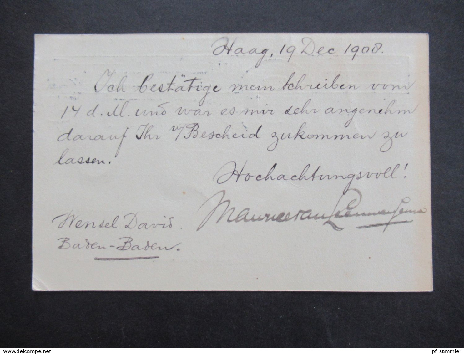 Niederlande 1908 Firmen PK Maurice Van Leeuwen Jeune Haag / Stempel S'Gravenhage Nach Baden Baden Gesendet - Cartas & Documentos