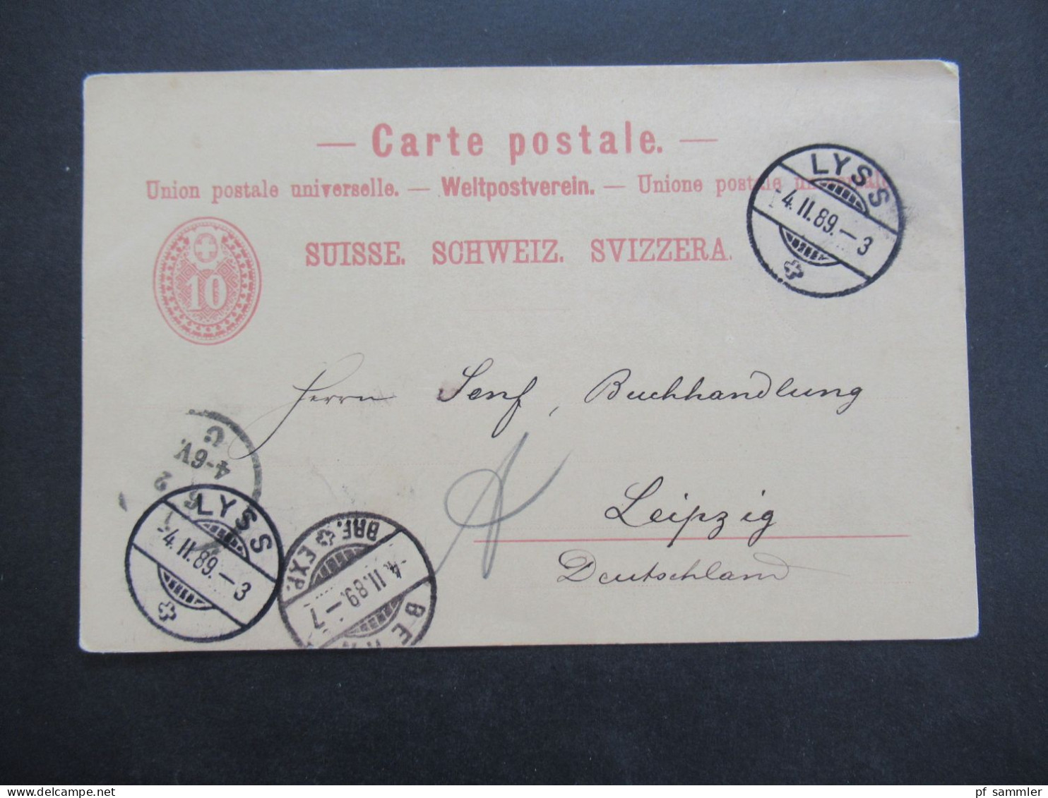 Schweiz 1889 Ganzsache Stempel Lyss über Bern Nach Leipzig Absender Stp. H. Wüterich Brennereicontroleur - Ganzsachen