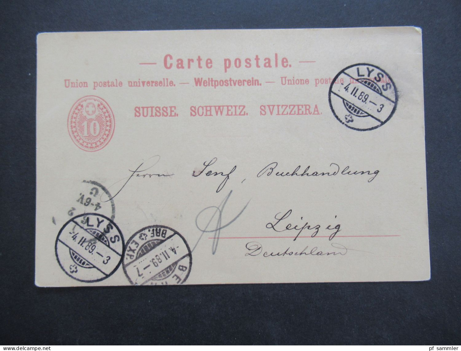 Schweiz 1889 Ganzsache Stempel Lyss über Bern Nach Leipzig Absender Stp. H. Wüterich Brennereicontroleur - Enteros Postales