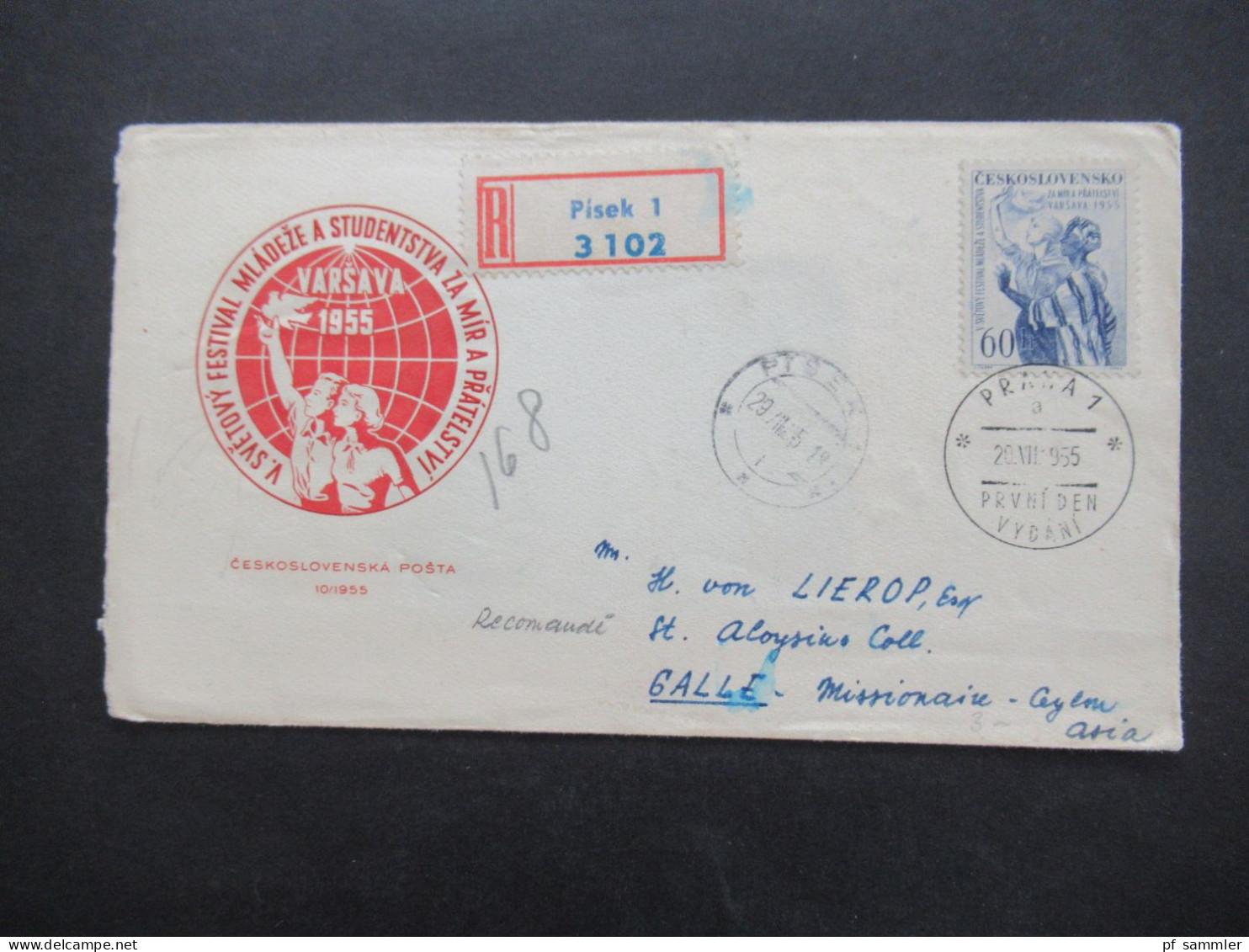 CSSR 1955 Einschreiben Pisek 1 Nach Ceylon Gesendet Mit Kleinem Zensurstempel Celnice 132 - Brieven En Documenten