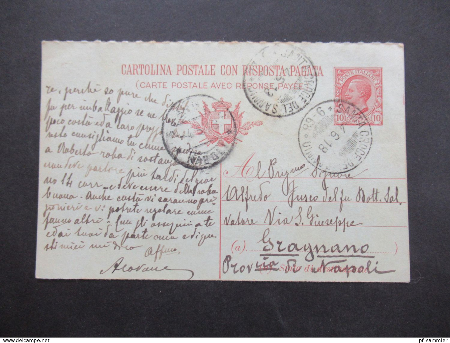 Italien 1918 Ganzsache Carte Postale Avec Response Payee / Fragekarte 2x Stempel Santa Croce Del Sannio - Entiers Postaux