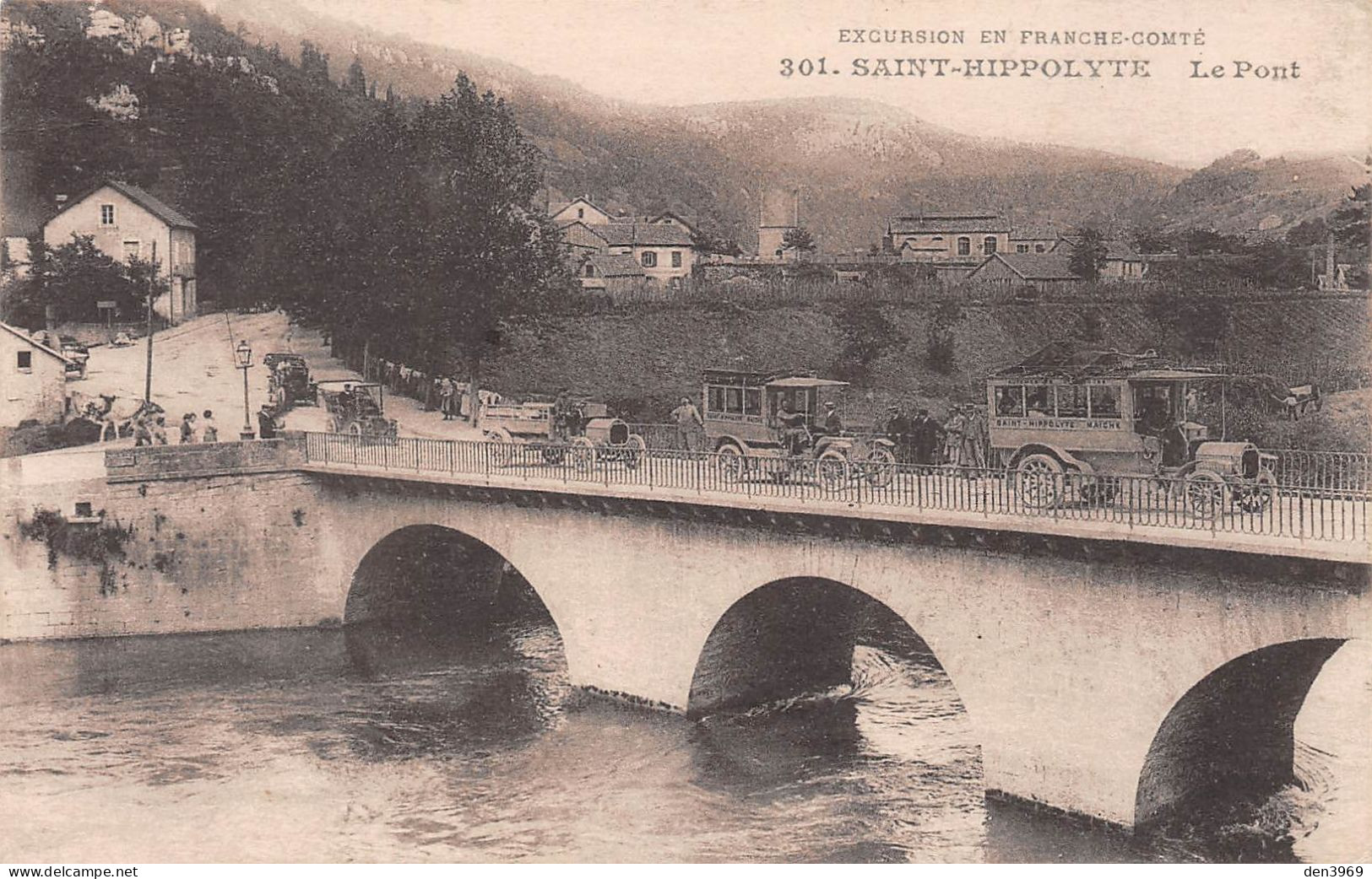 SAINT-HIPPOLYTE (Doubs) - Le Pont - Service Des Automobiles Du Doubs - Autobus - Ecrit 1918 (2 Scans) - Saint Hippolyte