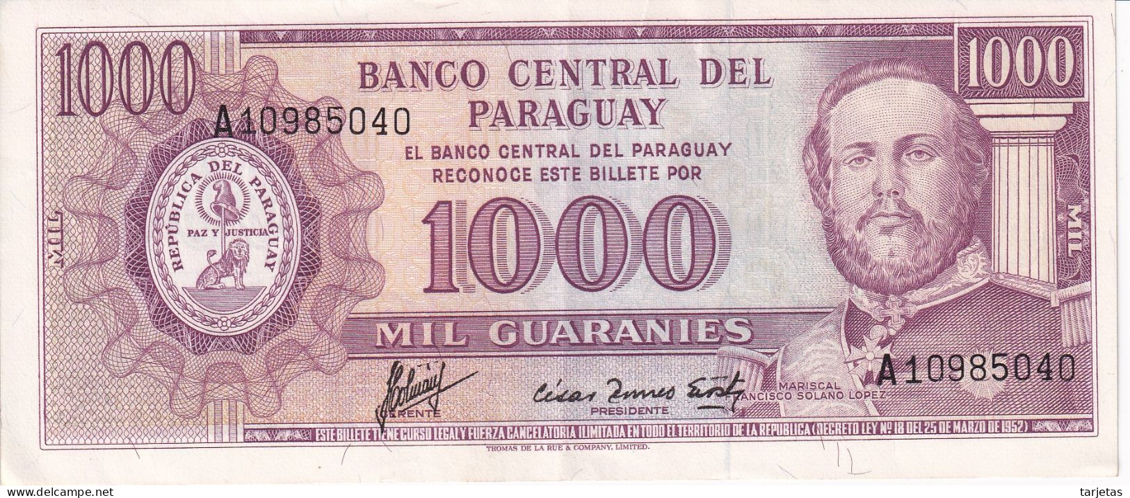 BILLETE DE PARAGUAY DE 1000 GUARANIES DEL AÑO 1952 (BANK NOTE) - Paraguay