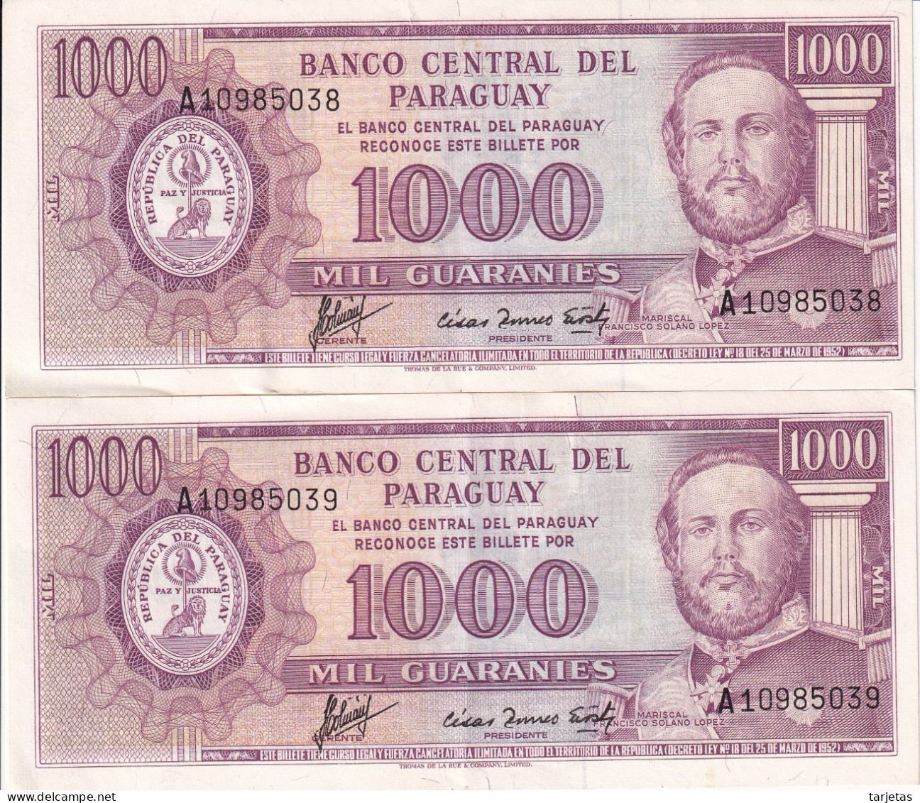 PAREJA CORRELATIVA DE PARAGUAY DE 1000 GUARANIES DEL AÑO 1952 EN CALIDAD EBC (XF) (BANK NOTE) - Paraguay