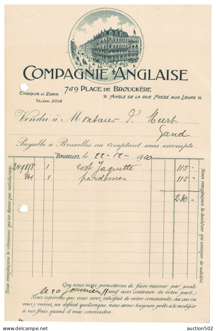 Facture 1910 Compagnie Anglaise Bruxelles - Petits Métiers